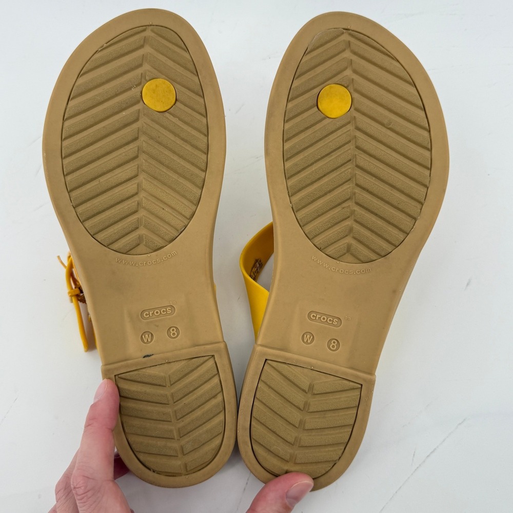 Crocs Tulum Toe Post Toe Sandal Yellow Tan Women 8 Strappy Slip On Flip Flop - Picture 8 of 9